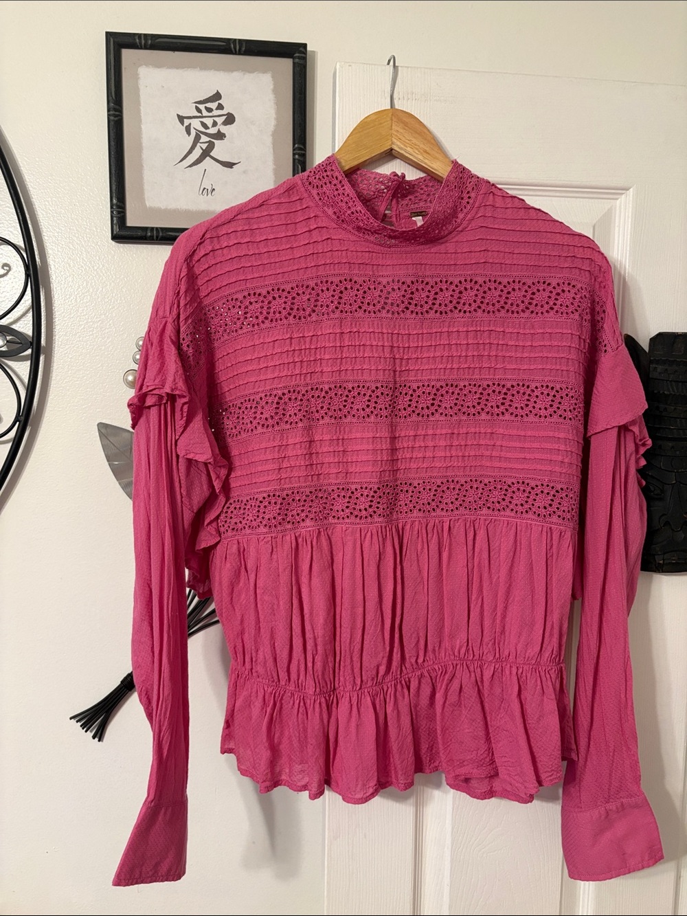 Free People Raspberry Pink Lace-Detail Long Sleeve Blouse